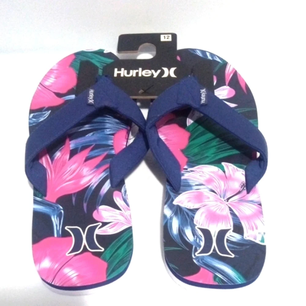 HURLEY BLUE FLIP FLOPS BEACHWEAR SANDALS - Tropical Floral Sandals SIZE 12 NWT
